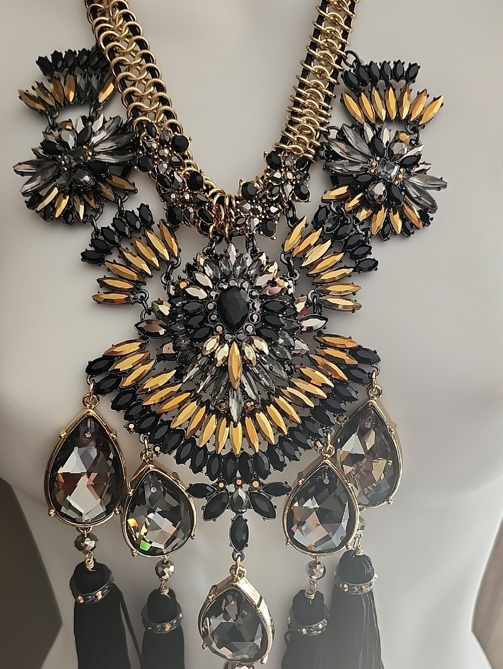 NWT Chico's Versailles Gold and Black Fringe Bib Statement Necklace